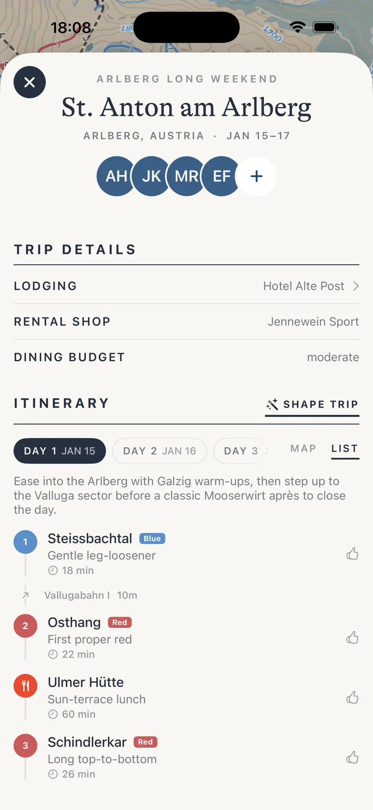 Schuss trip planner with dates, crew, and itinerary